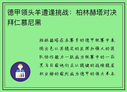 德甲领头羊遭逢挑战：柏林赫塔对决拜仁慕尼黑